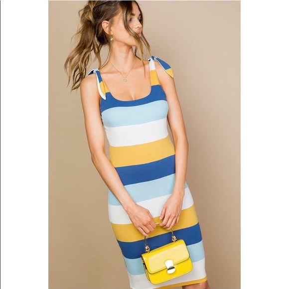 Blue Tie Shoulder Multi Color Stripe Dress - Picture 4 of 7
